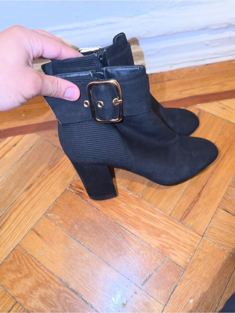 Women's Black Suede Ankle Booties with Gold Buckle